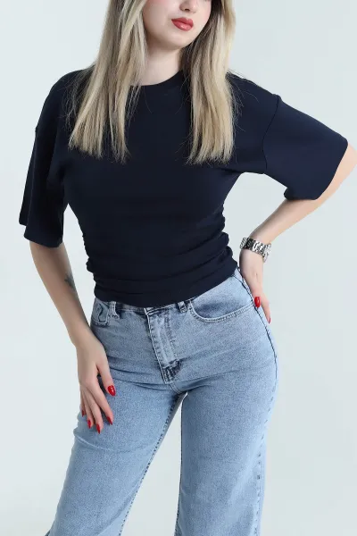 Lacivert Yanı Büzgülü Kompak Kadın Bluz 467690