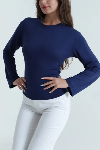 Lacivert Yanı Büzgülü Modal Kadın Bluz 484399