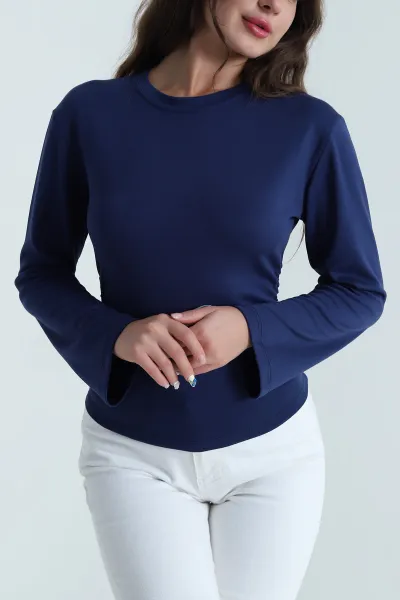 Lacivert Yanı Büzgülü Modal Kadın Bluz 484399