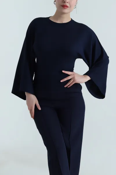Lacivert Yanı Büzgülü Salaş Kol Modal Kadın Bluz 499466