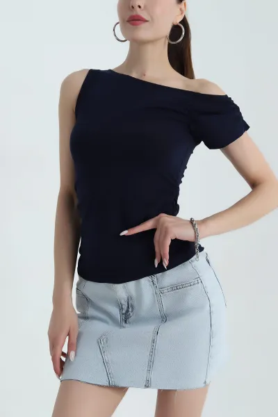 Lacivert Yanı Büzgülü Tek Kollu Bluz 378719