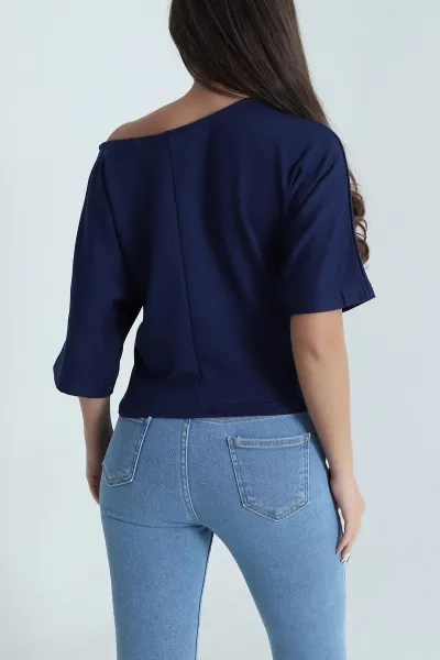 Lacivert Yarasa Kol Baskılı Kadın Kristal Bluz 483241