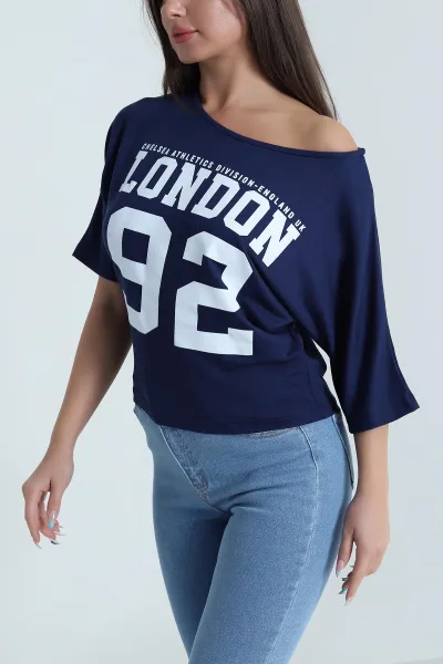 Lacivert Yarasa Kol Baskılı Kadın Kristal Bluz 483241