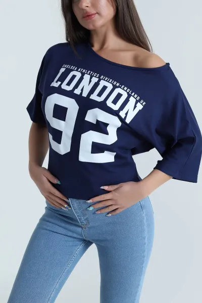 Lacivert Yarasa Kol Baskılı Kadın Kristal Bluz 483241