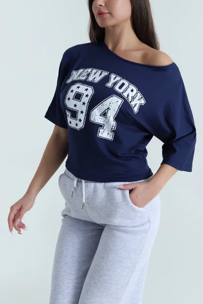 Lacivert Yarasa Kol Baskılı Kadın Kristal Bluz 483252