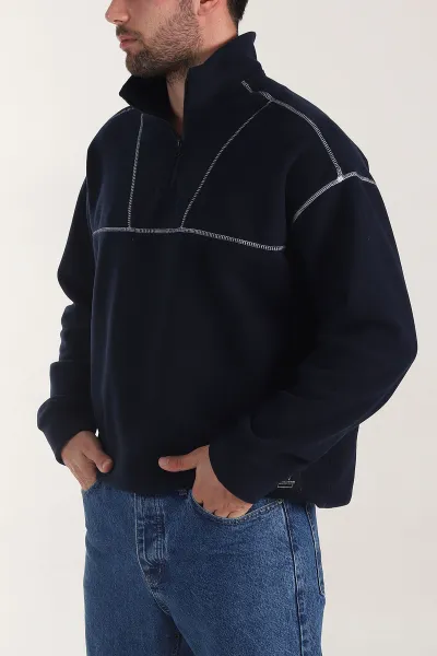 Lacivert Yarım Fermuarlı Dik Yaka Dikiş Detaylı Polar Kumaş Erkek Sweatshirt 404321