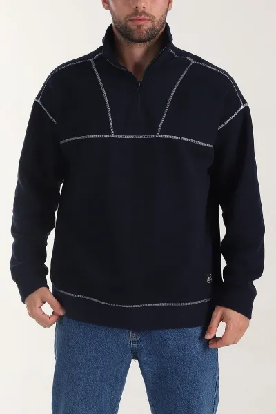 Lacivert Yarım Fermuarlı Dik Yaka Dikiş Detaylı Polar Kumaş Erkek Sweatshirt 404321