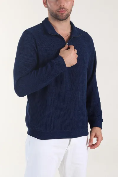 Lacivert Yarım Fermuarlı Jakar Erkek Triko 407299