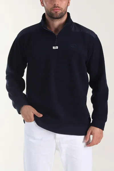 Lacivert Yarım Fermuarlı Nakış Detaylı Dik Yaka Polar Kumaş Erkek Sweatshirt 404239