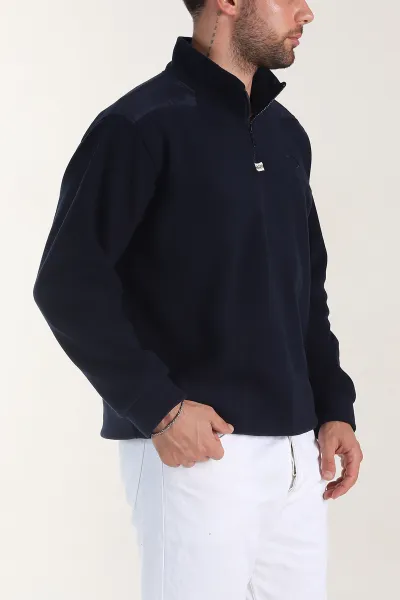 Lacivert Yarım Fermuarlı Nakış Detaylı Dik Yaka Polar Kumaş Erkek Sweatshirt 404239