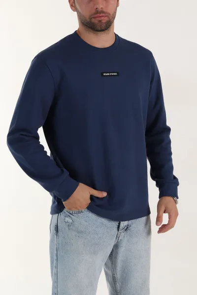 Lacivert Yazı Detaylı Bisiklet Yaka Erkek Sweatshirt 396909