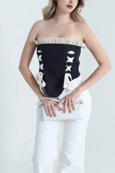 Lacivert Yeni Sezon Premium Kadın Kot Korse Bluz 466423
