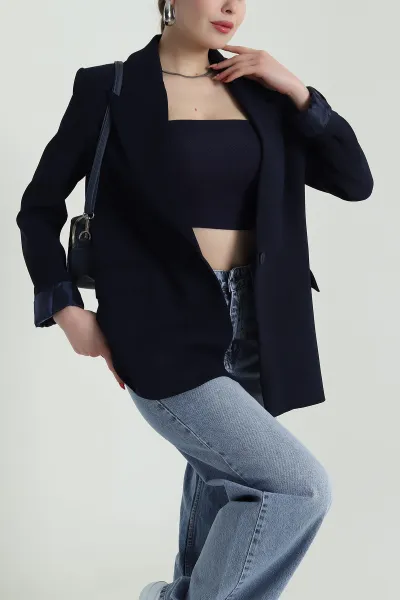 Lacivert Yeni Sezon Tek Düğme Astarlı Linda Double Kadın Ceket 425321