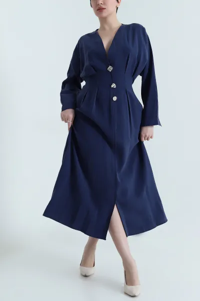 Lacivert Yırtmaçlı Tencel Kadın Elbise 449038