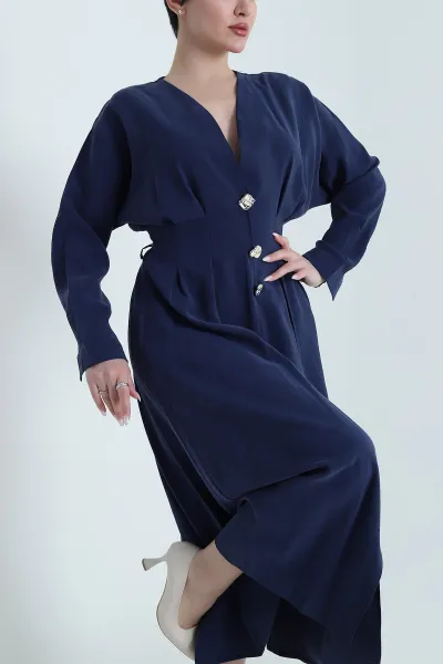 Lacivert Yırtmaçlı Tencel Kadın Elbise 449038