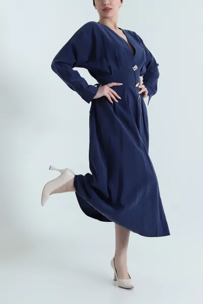Lacivert Yırtmaçlı Tencel Kadın Elbise 449038