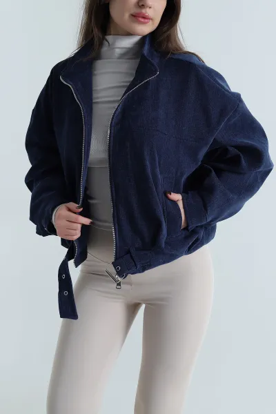 Lacivert Yüksek Yaka Denim Modal Kadın Mont 499351