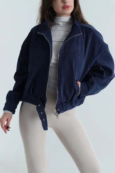 Lacivert Yüksek Yaka Denim Modal Kadın Mont 499351