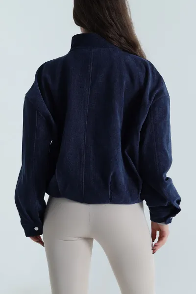 Lacivert Yüksek Yaka Denim Modal Kadın Mont 499351