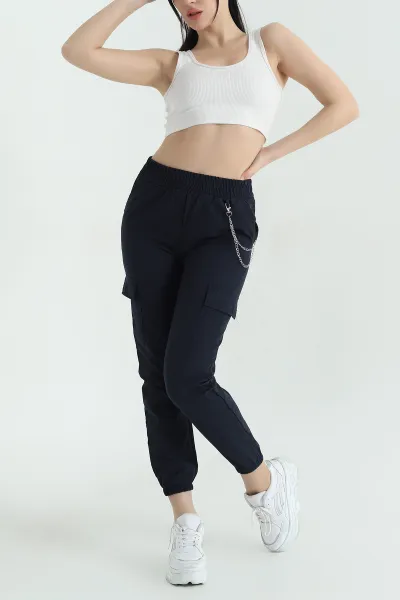 Lacivert Zincirli Kargo Cep Kadın Jogger Pantolon 356789