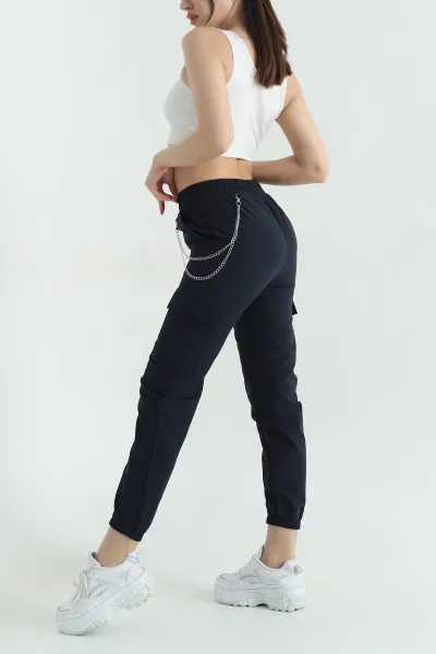 Lacivert Zincirli Kargo Cep Kadın Jogger Pantolon 356789