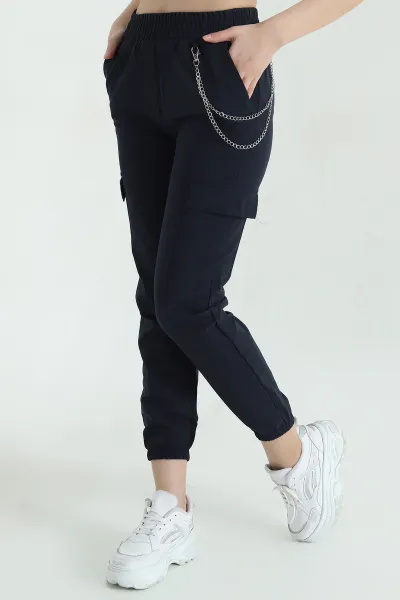 Lacivert Zincirli Kargo Cep Kadın Jogger Pantolon 356789
