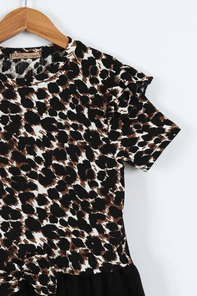 Leopar (2-10 Yaş) Kol Fırfırlı Leopar Desen Fiyonklu Bürümcük Kız Çocuk Elbise 342806