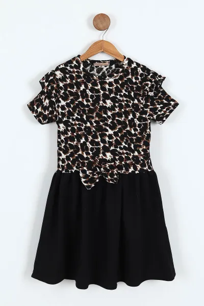 Leopar (2-10 Yaş) Kol Fırfırlı Leopar Desen Fiyonklu Bürümcük Kız Çocuk Elbise 342806