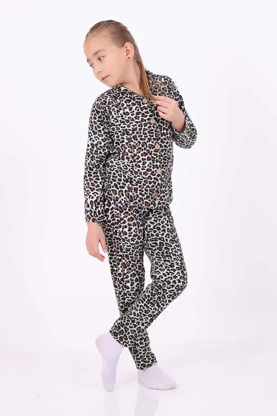 Leopar (4-12 Yaş)Desenli Düğmeli Kız Çocuk Pijama Takımı 329813