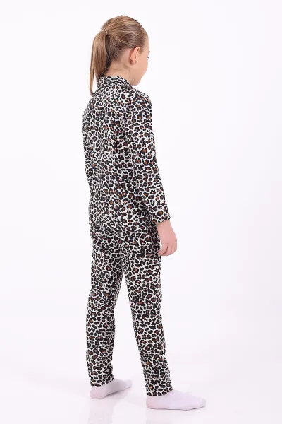 Leopar (4-12 Yaş)Desenli Düğmeli Kız Çocuk Pijama Takımı 329813