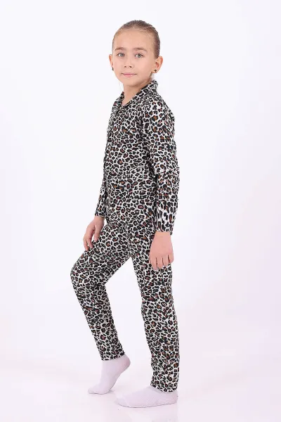 Leopar (4-12 Yaş)Desenli Düğmeli Kız Çocuk Pijama Takımı 329813
