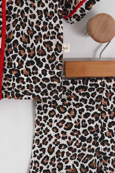 Leopar (6-24 Ay)Leopar Desen Siyah Biyeli  Kısa Kol Düğmeli Bebek Pijama Takım 463106