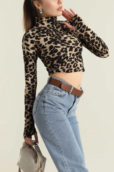 Leopar Balıkçı Yaka Ottman Kadın Bluz 418820