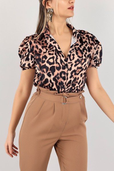 Leopar Beli Gipeli Saten Gömlek Bluz 103201