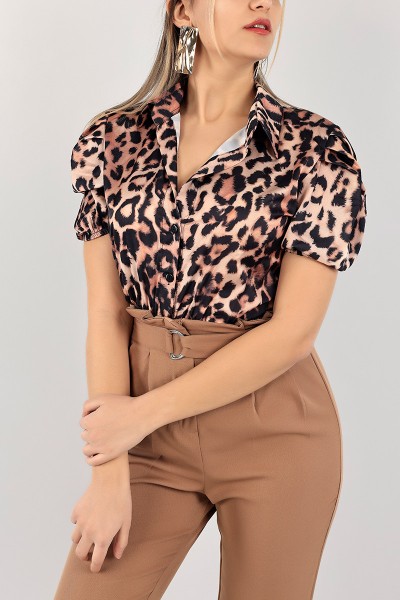 Leopar Beli Gipeli Saten Gömlek Bluz 103201