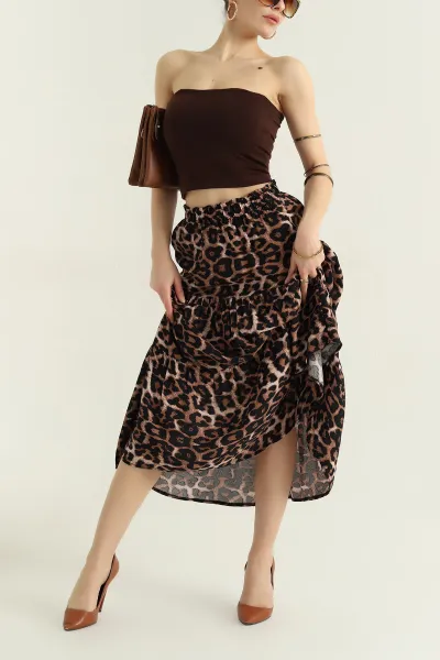 Leopar Beli Lastikli Dokuma Viskon Kadın Etek 346531