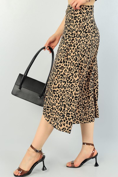 Leopar Beli Lastikli Yırtmaçlı Etek 67781