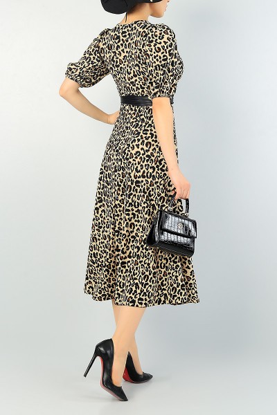 Leopar Desen Balon Kol Kemerli Elbise 66773