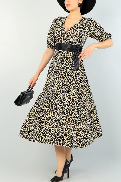 Leopar Desen Balon Kol Kemerli Elbise 66773