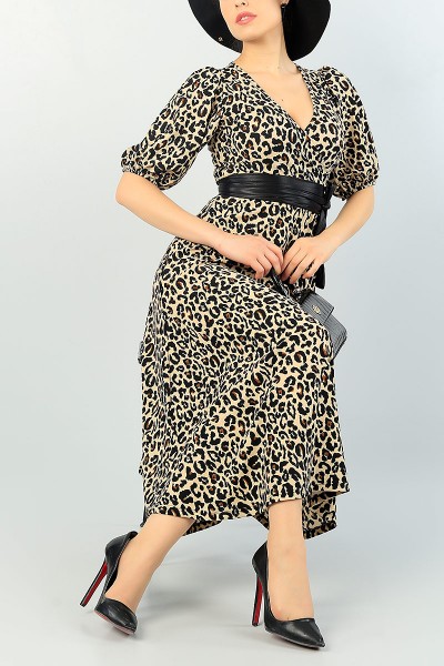 Leopar Desen Balon Kol Kemerli Elbise 66773