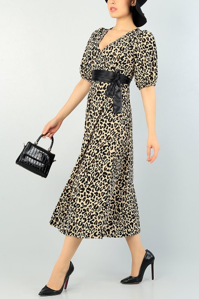 Leopar Desen Balon Kol Kemerli Elbise 66773