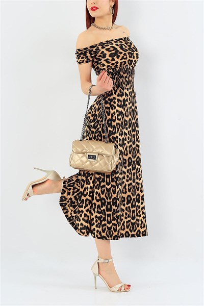 Leopar Desen Beli Gipeli Madonna Yaka Elbise 32983