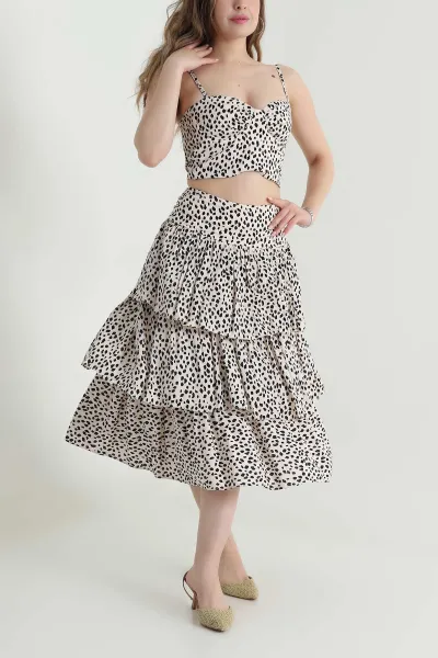 Leopar Desen Modal Empirme Etek Crop İkili Takım 473625