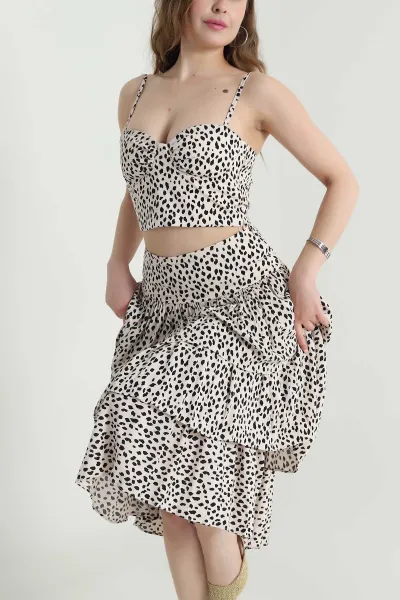Leopar Desen Modal Empirme Etek Crop İkili Takım 473625