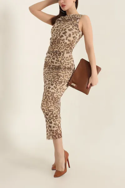 Leopar Desenli Astarlı Büzgülü Tül Elbise 337058