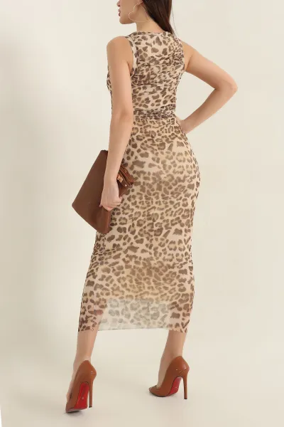 Leopar Desenli Astarlı Büzgülü Tül Elbise 337058