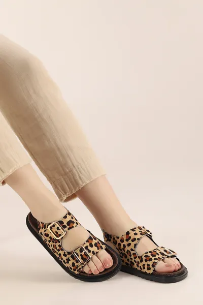 Leopar Desenli Ayarlanabilir Çift Kemer Bantlı Kadın Sandalet 364442