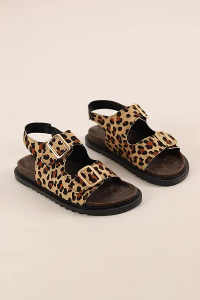 Leopar Desenli Ayarlanabilir Çift Kemer Bantlı Kadın Sandalet 364442