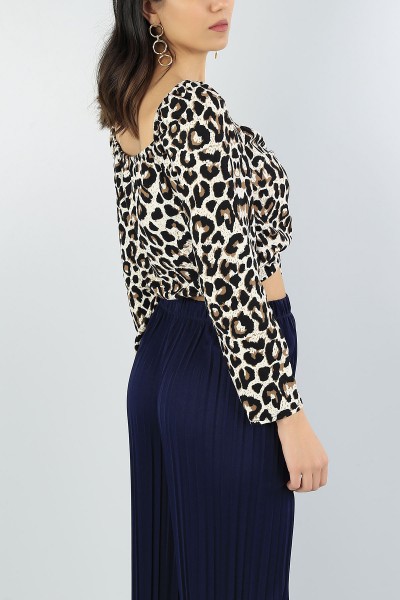 Leopar Desenli Bayan Pamuklu Bluz 55036