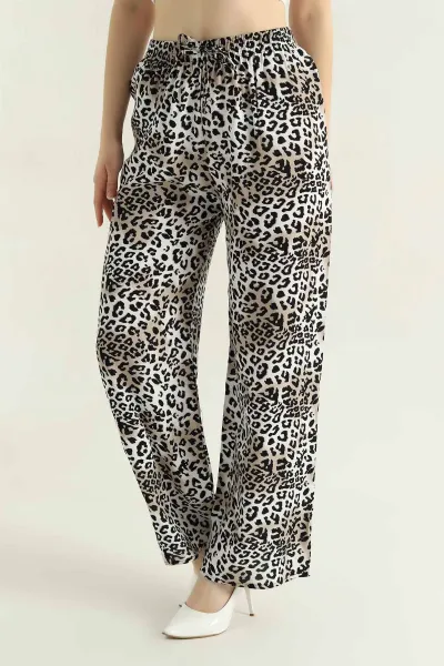 Leopar Desenli Bel Lastikli Dokuma Kadın Pantolon 357147